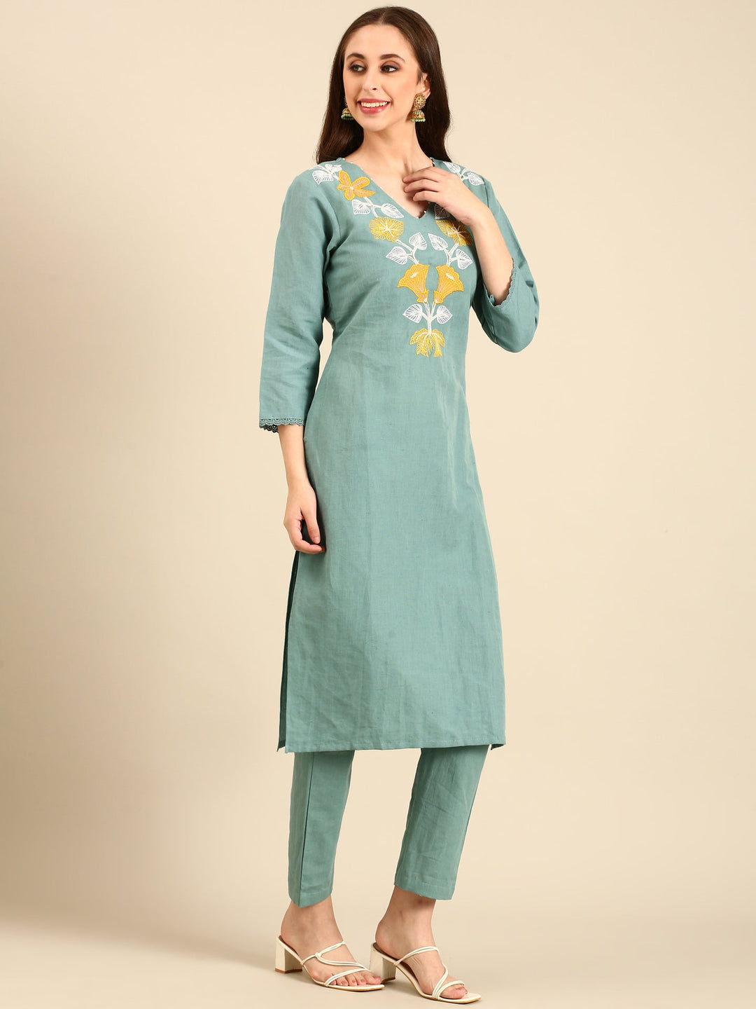 Neerus Green linen thread embroidered suit set - back view