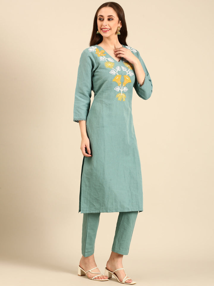 Neerus Green linen thread embroidered suit set - back view