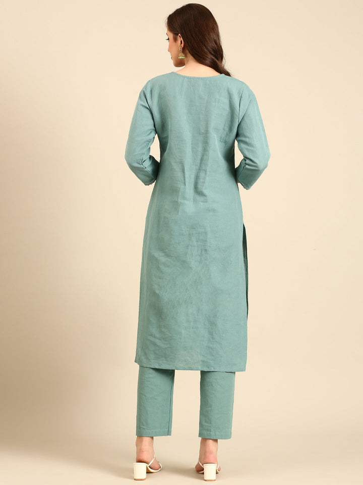 Mint green linen thread embroidery two piece suit set