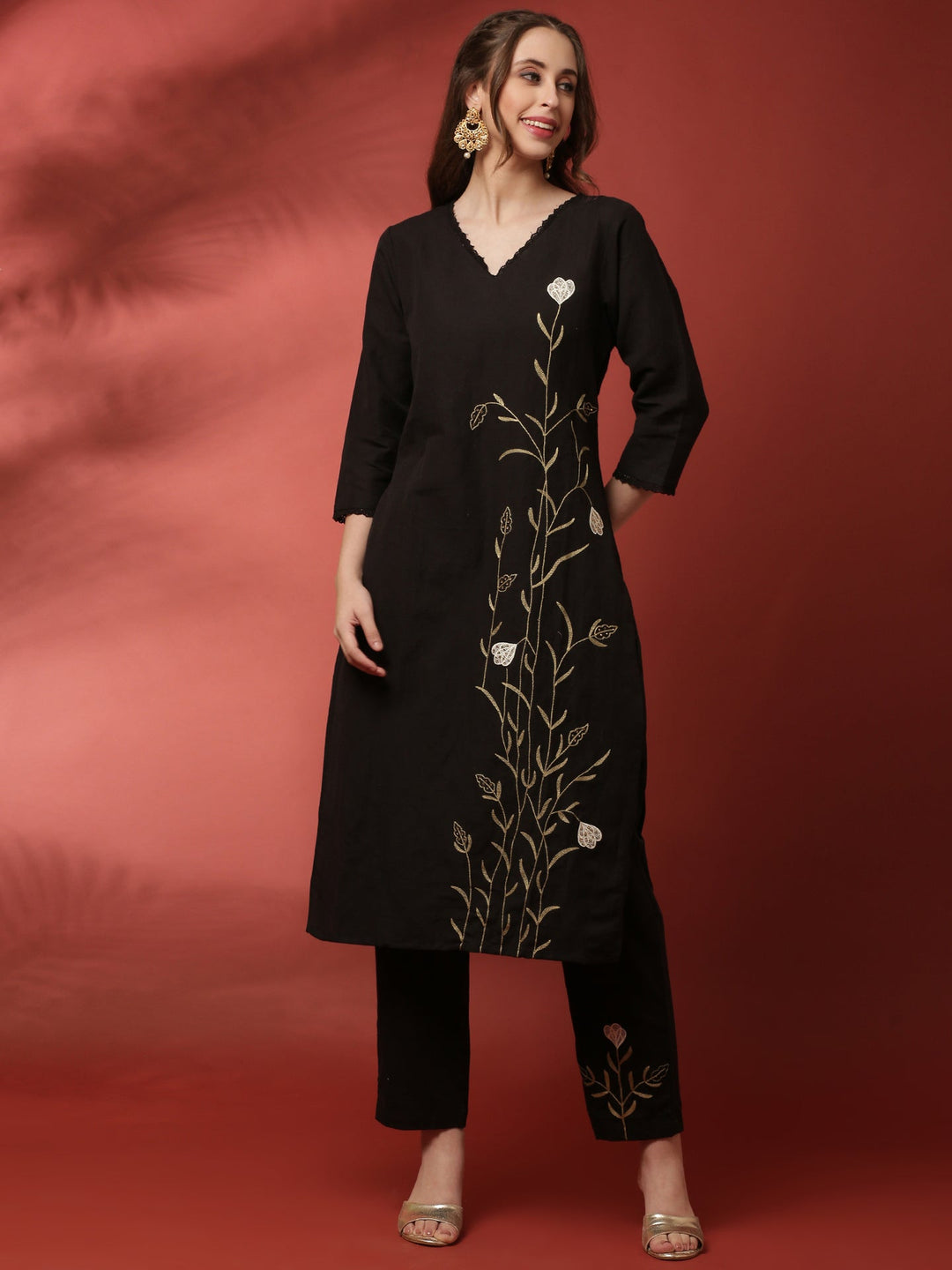 Neerus Black linen thread embroidered suit set - front view
