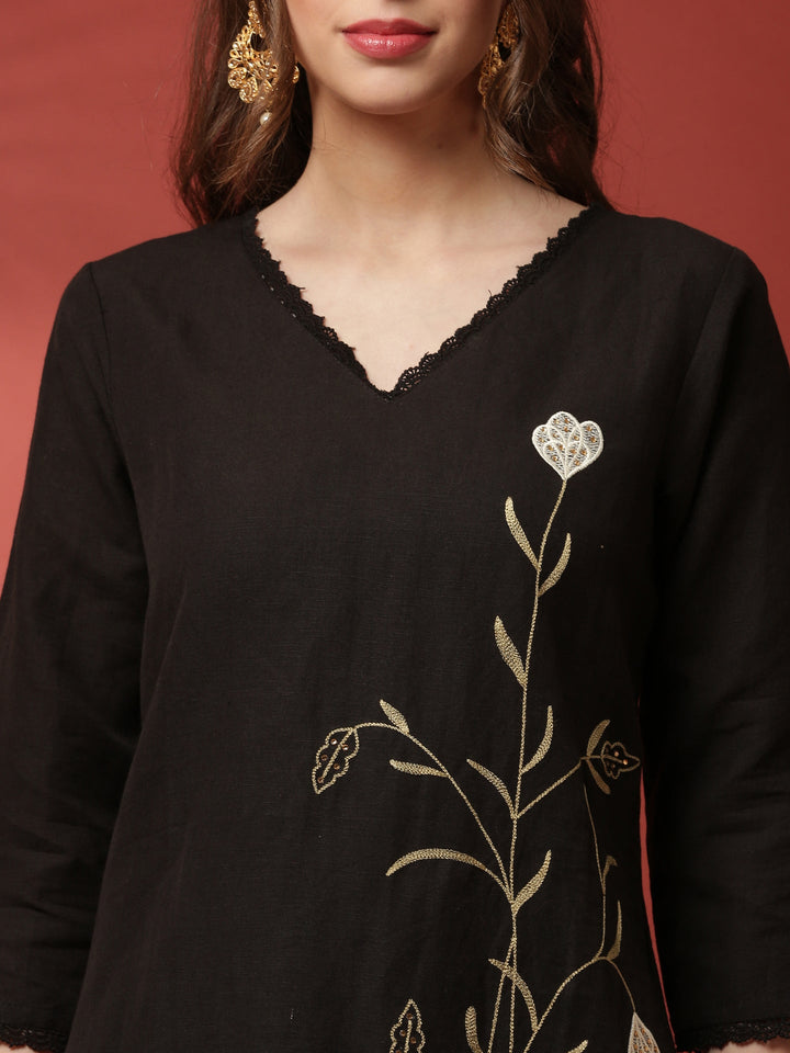 Black linen thread embroidery two piece suit set