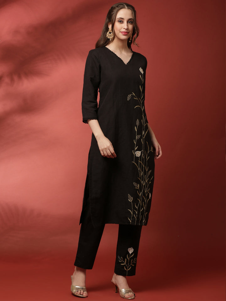 Neerus Black linen thread embroidered suit set - back view