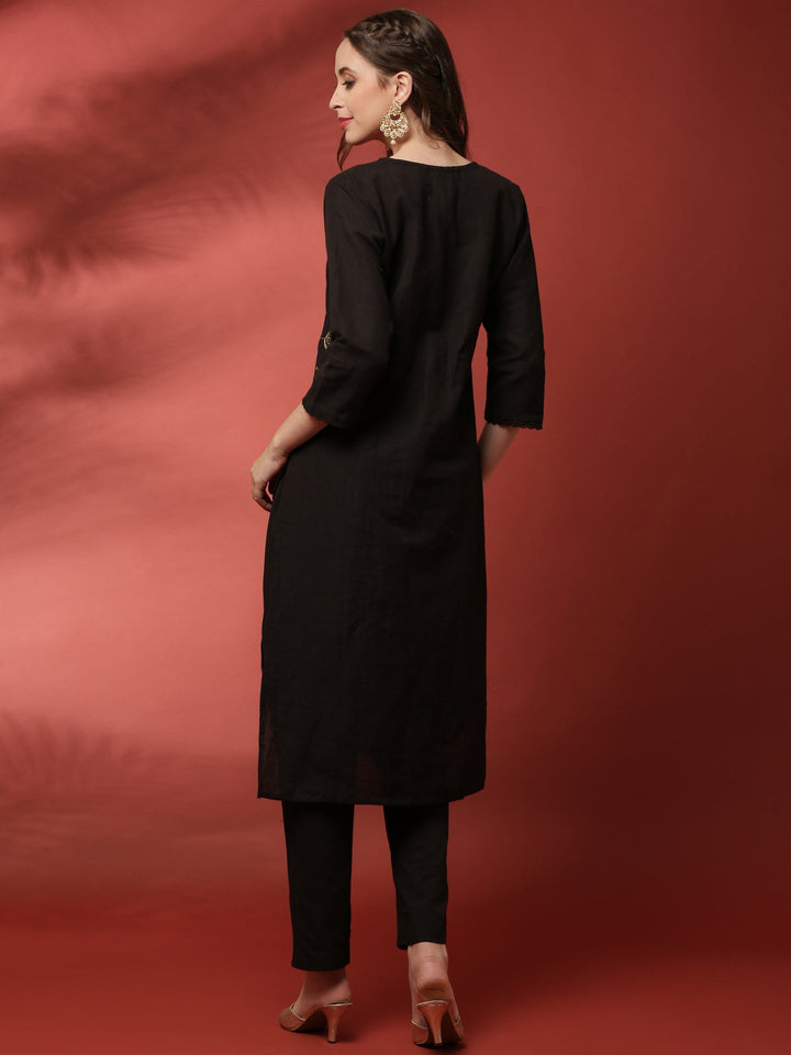 Neerus Black linen thread embroidered suit set - side view