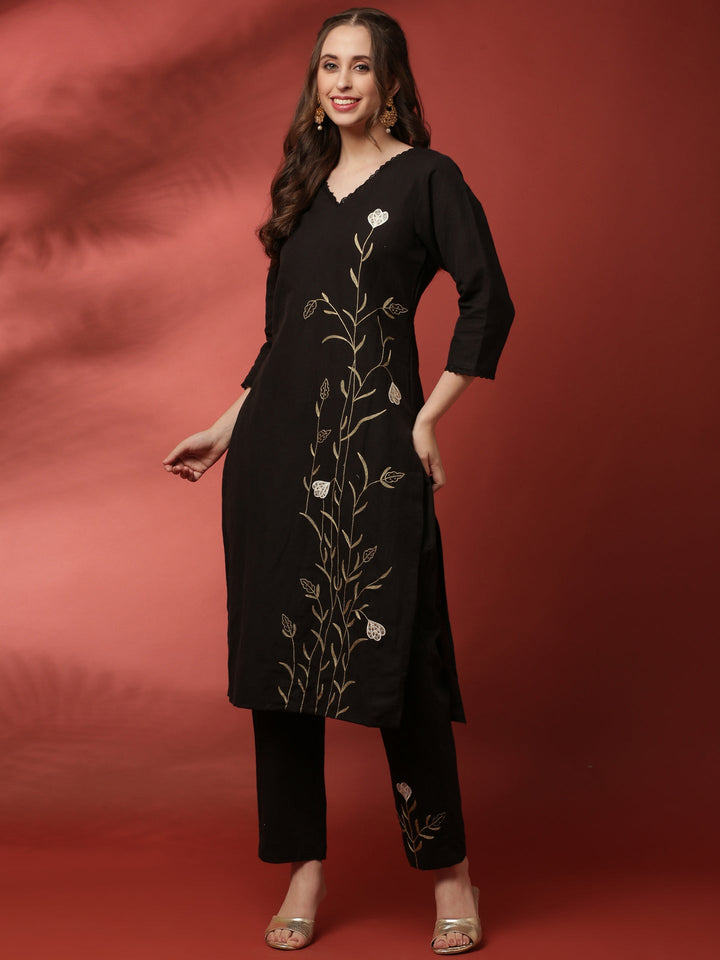 Black linen thread embroidery two piece suit set