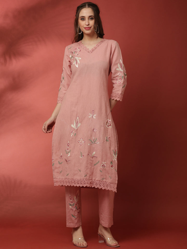 Neerus Pink linen thread embroidered suit set - front view