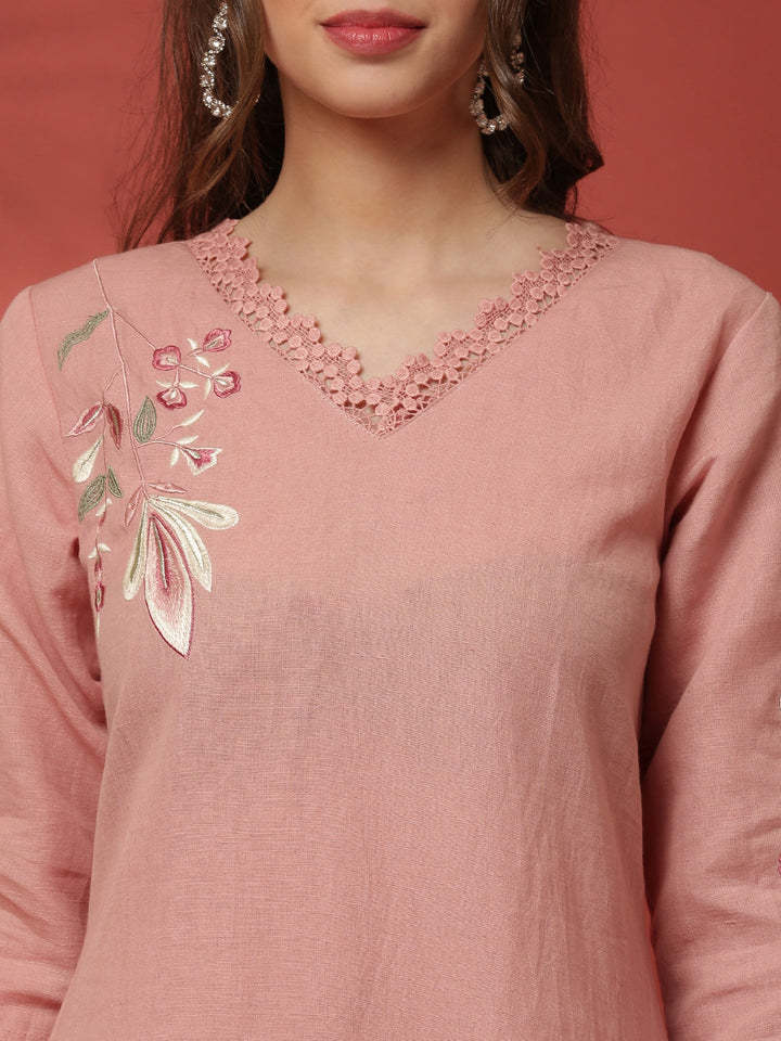 Neerus Pink linen thread embroidered suit set - detail view 1