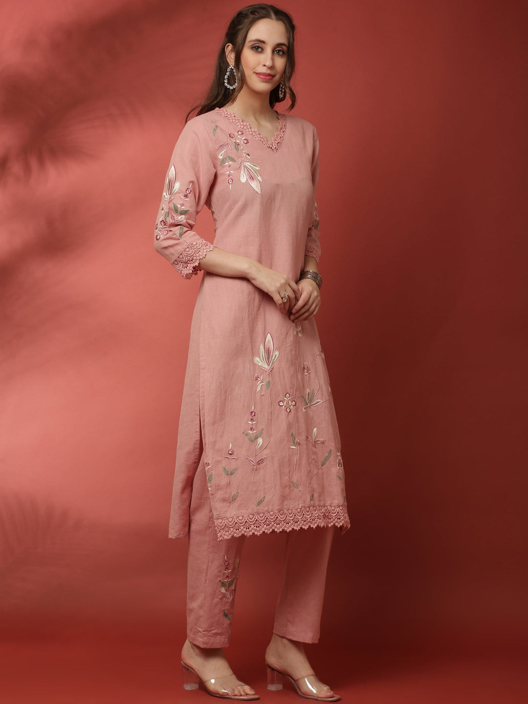 Neerus Pink linen thread embroidered suit set - back view