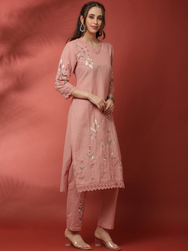 Neerus Pink linen thread embroidered suit set - back view