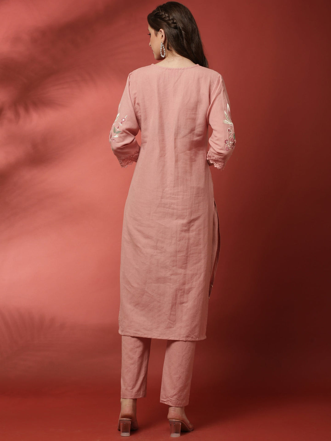 Neerus Pink linen thread embroidered suit set - side view