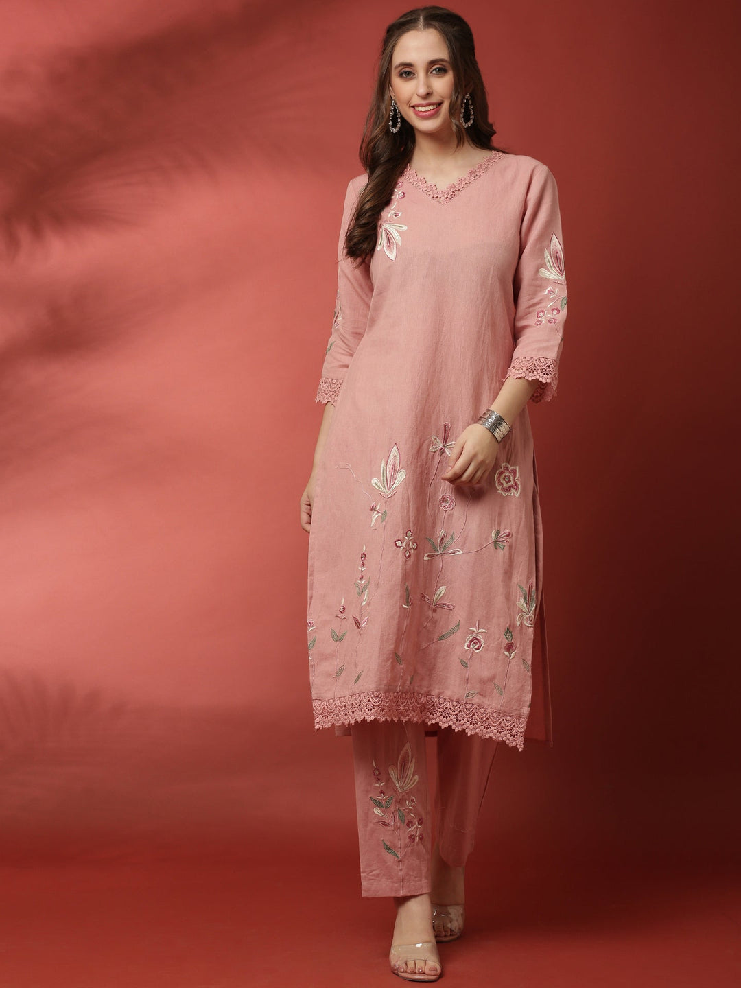 Neerus Pink linen thread embroidered suit set - detail view 2