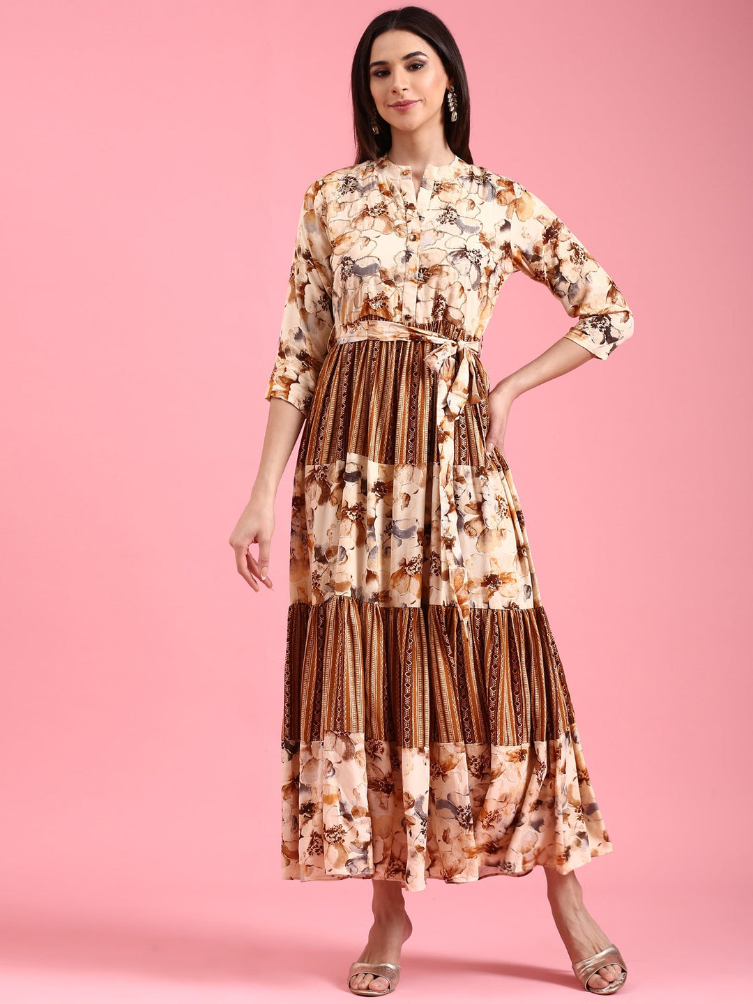 Neerus Brown Rayon Solid Maxi Dress - back view