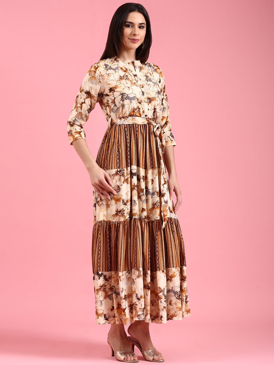 Neerus Brown Rayon Solid Maxi Dress - side view