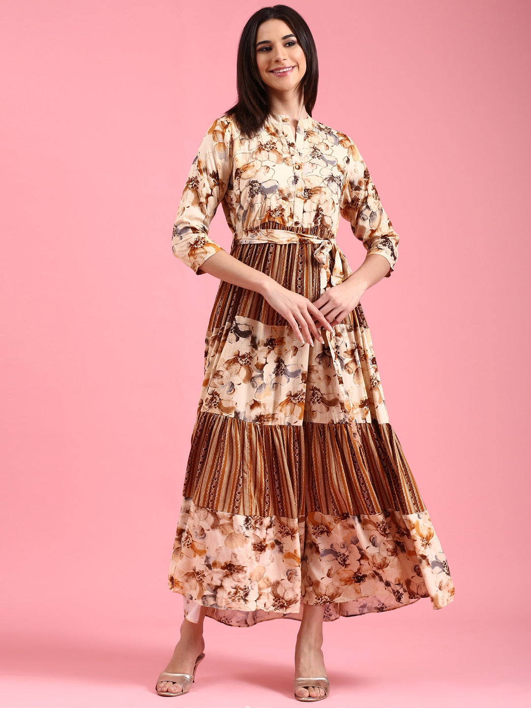 Neerus Brown Rayon Solid Maxi Dress - front view