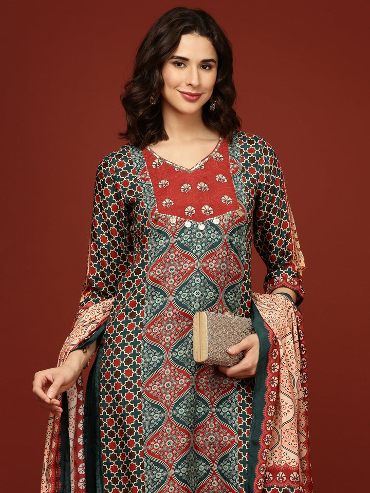 Teal Blue Crepe Printed Three Piece Set