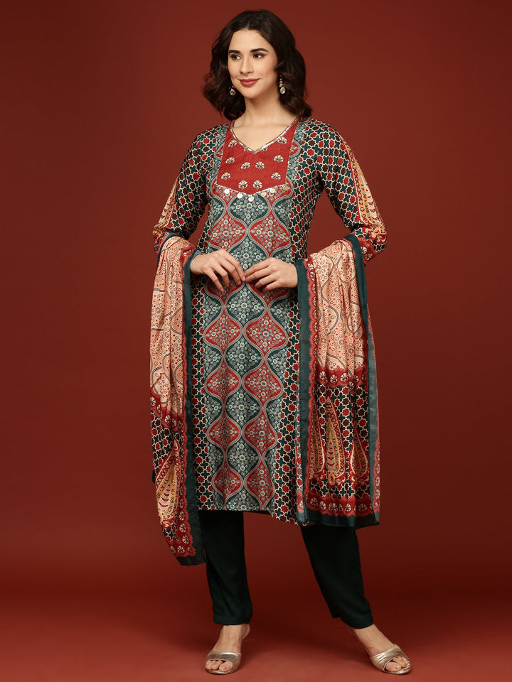 Teal Blue Crepe Printed Three Piece Set