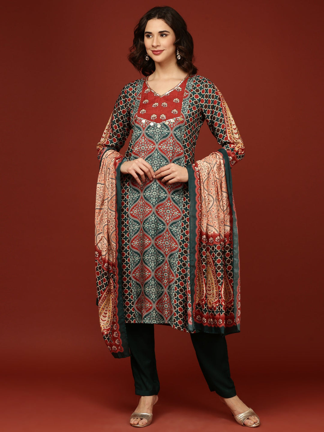 Neerus Blue crepe printed suit set - front view