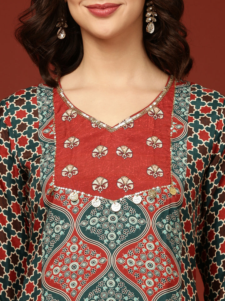 Teal Blue Crepe Printed Three Piece Set