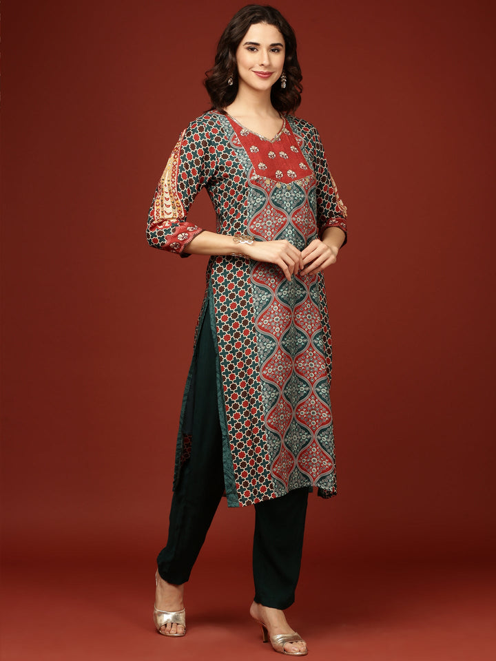 Teal Blue Crepe Printed Three Piece Set