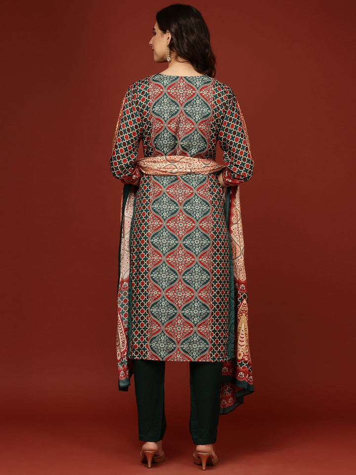 Teal Blue Crepe Printed Three Piece Set