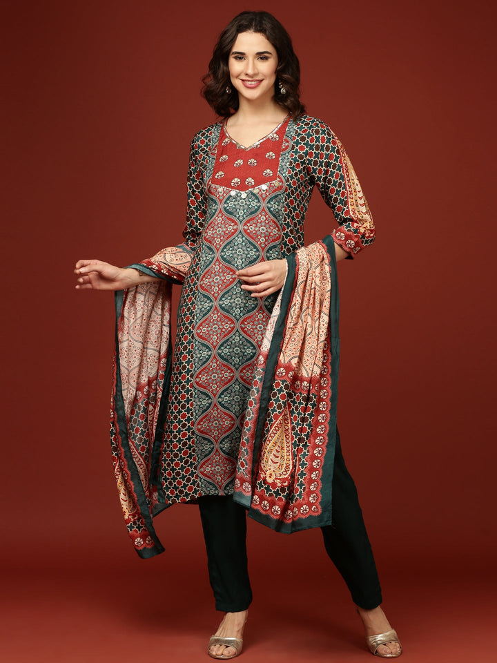 Teal Blue Crepe Printed Three Piece Set