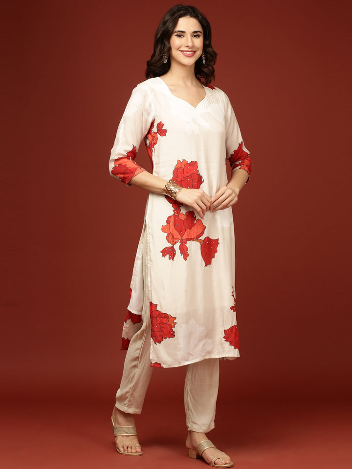 Neerus Beige muslin printed suit set - side view