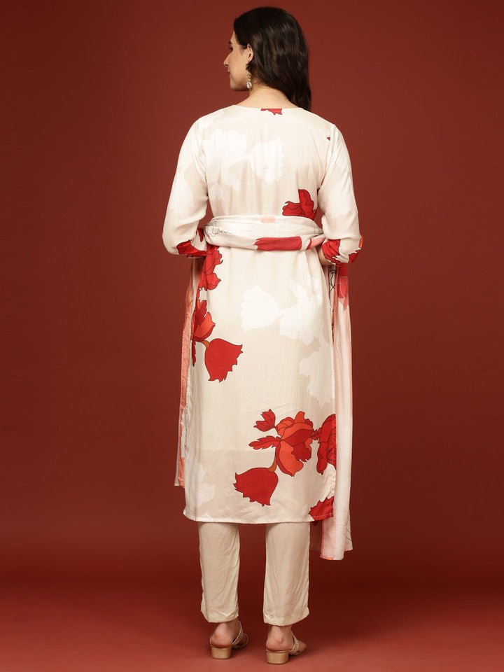 Cream Muslin Floral Printed Three Piece Set