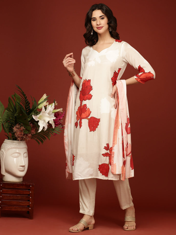 Neerus Beige muslin printed suit set - front view