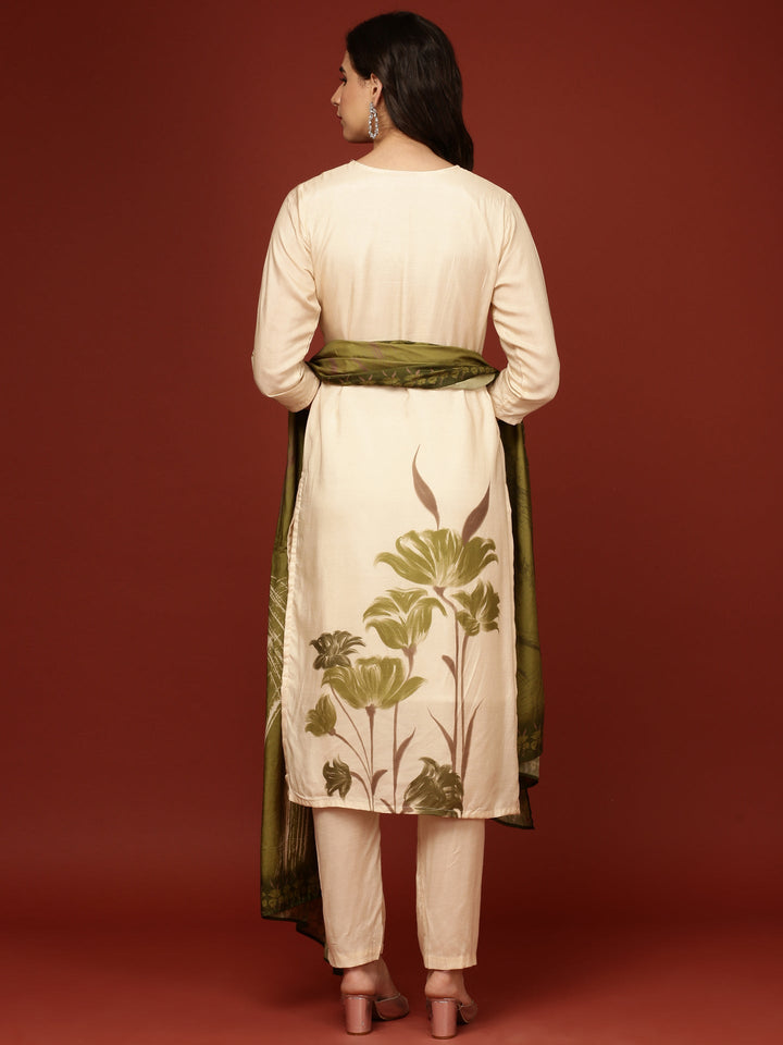 Cream Muslin Floral Printed Three Piece Set