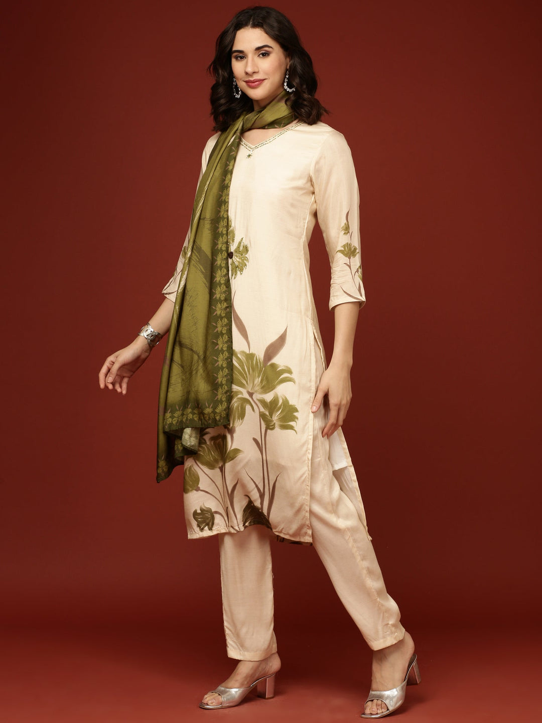 Neerus Beige muslin printed suit set - front view