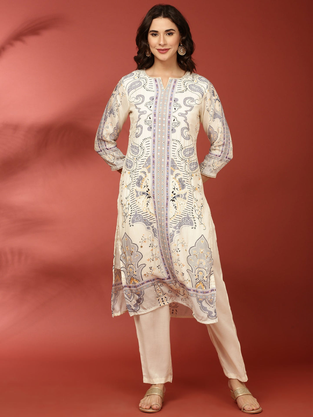 Neerus Beige muslin printed kurta set - front view