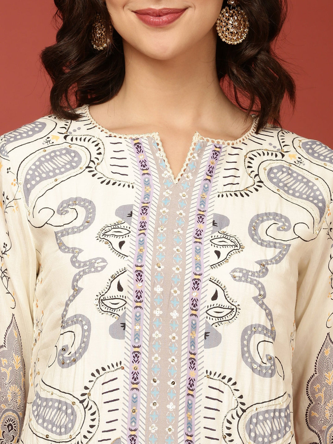 Neerus Beige muslin printed kurta set - detail view 1