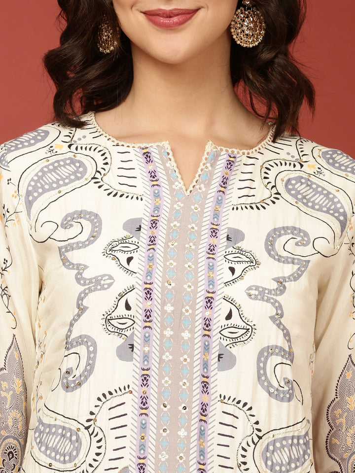 Neerus Beige muslin printed kurta set - detail view 1