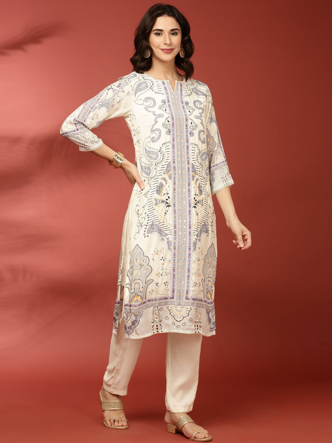 Neerus Beige muslin printed kurta set - back view