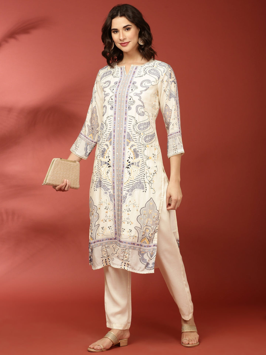 Neerus Beige muslin printed kurta set - detail view 2