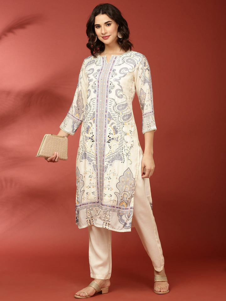 Neerus Beige muslin printed kurta set - detail view 2