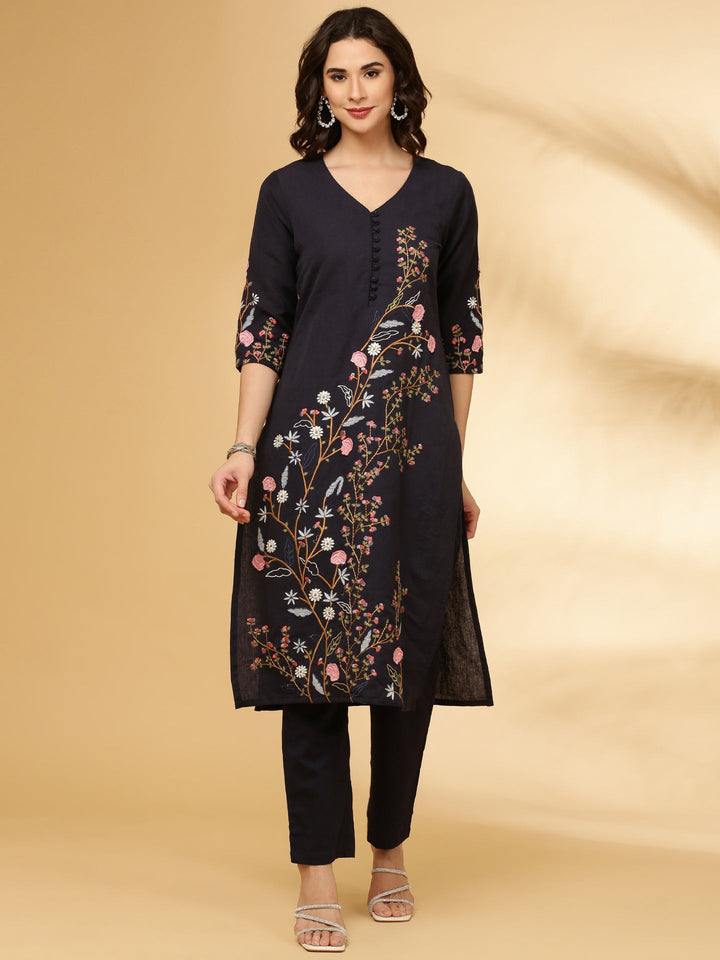 Neerus Blue linen embroidered kurta set - front view