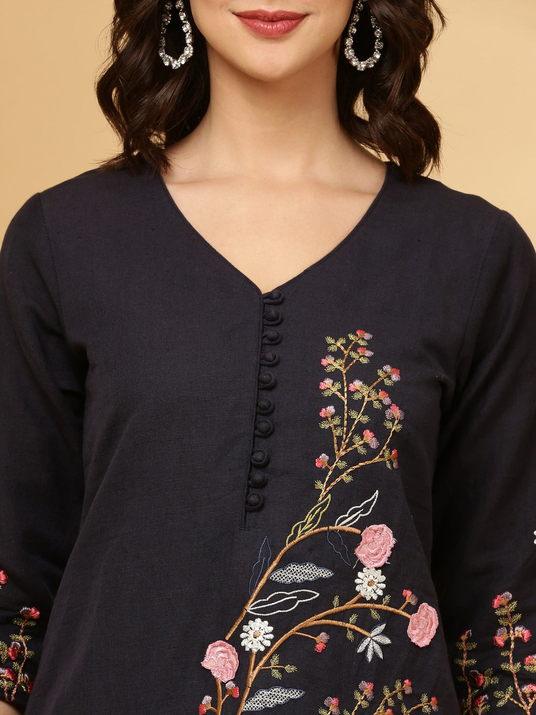 Neerus Blue linen embroidered kurta set - detail view 1