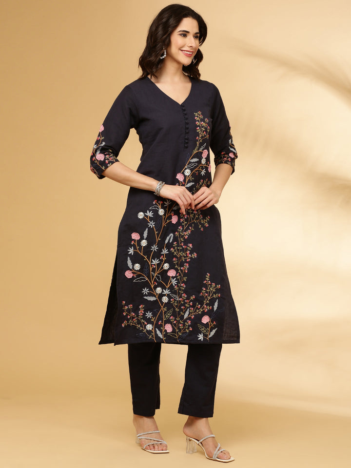 Neerus Blue linen embroidered kurta set - back view