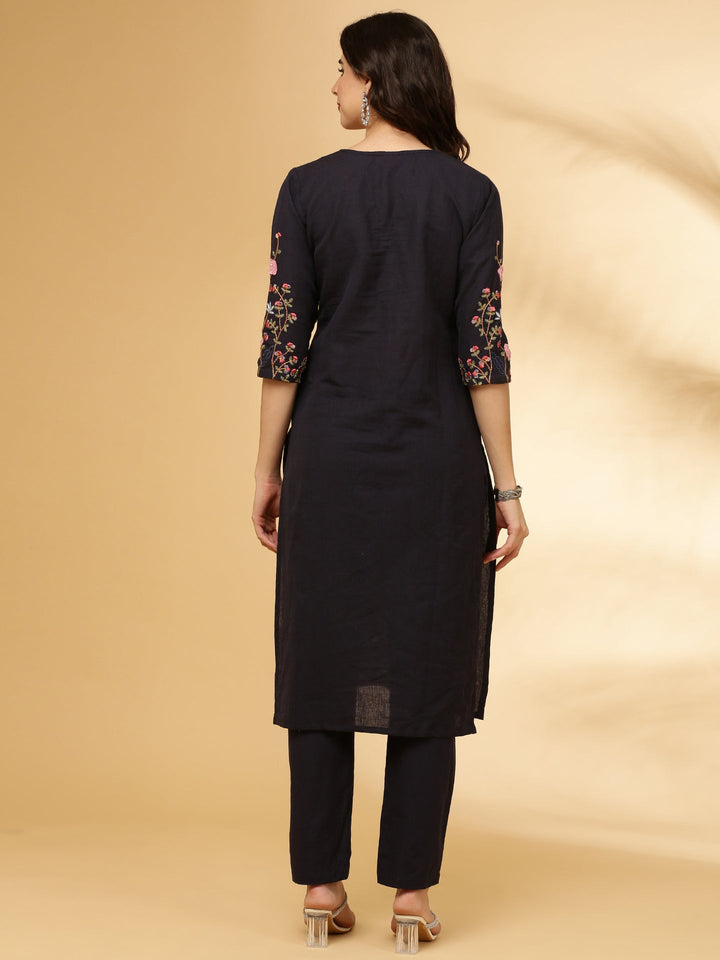 Neerus Blue linen embroidered kurta set - side view