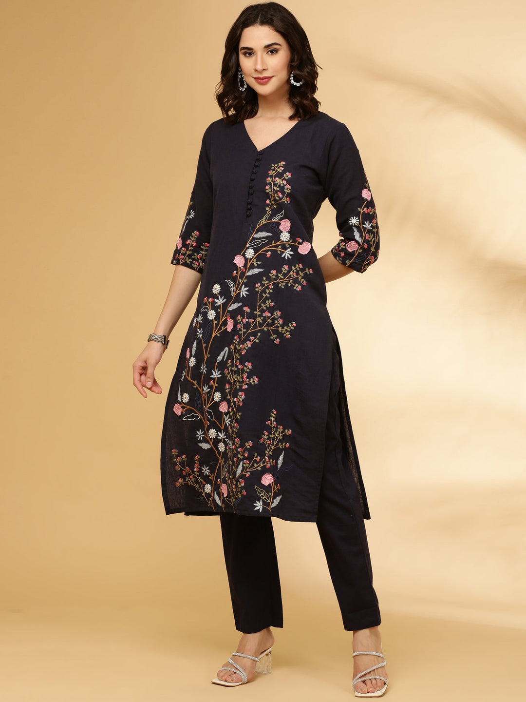 Neerus Blue linen embroidered kurta set - detail view 2