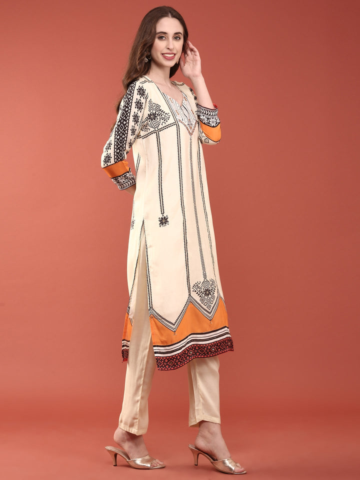 Neerus Beige muslin digital printed suit set - back view