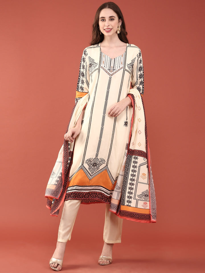 Neerus Beige muslin digital printed suit set - front view