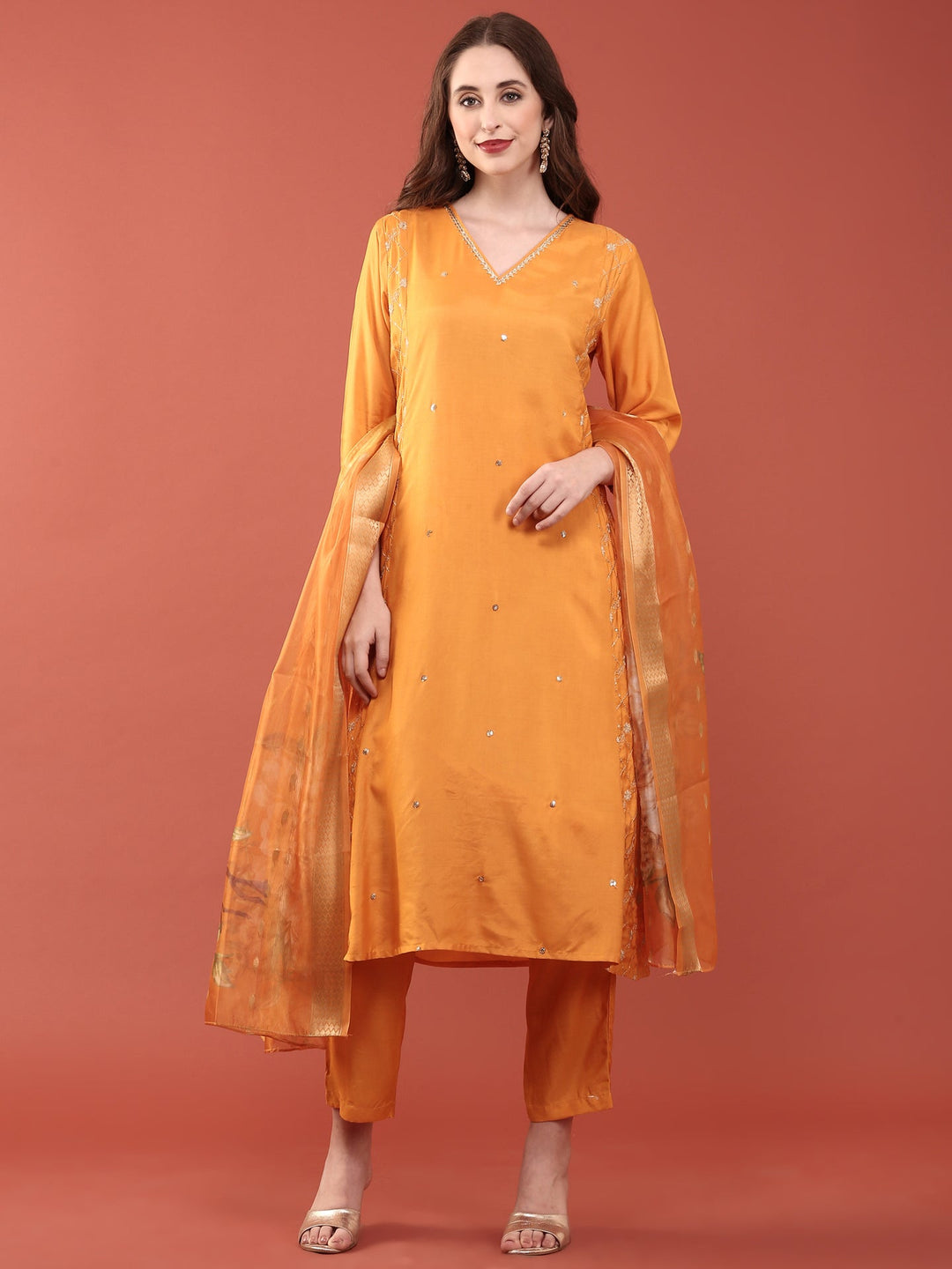Neerus Orange muslin solid suit set - front view