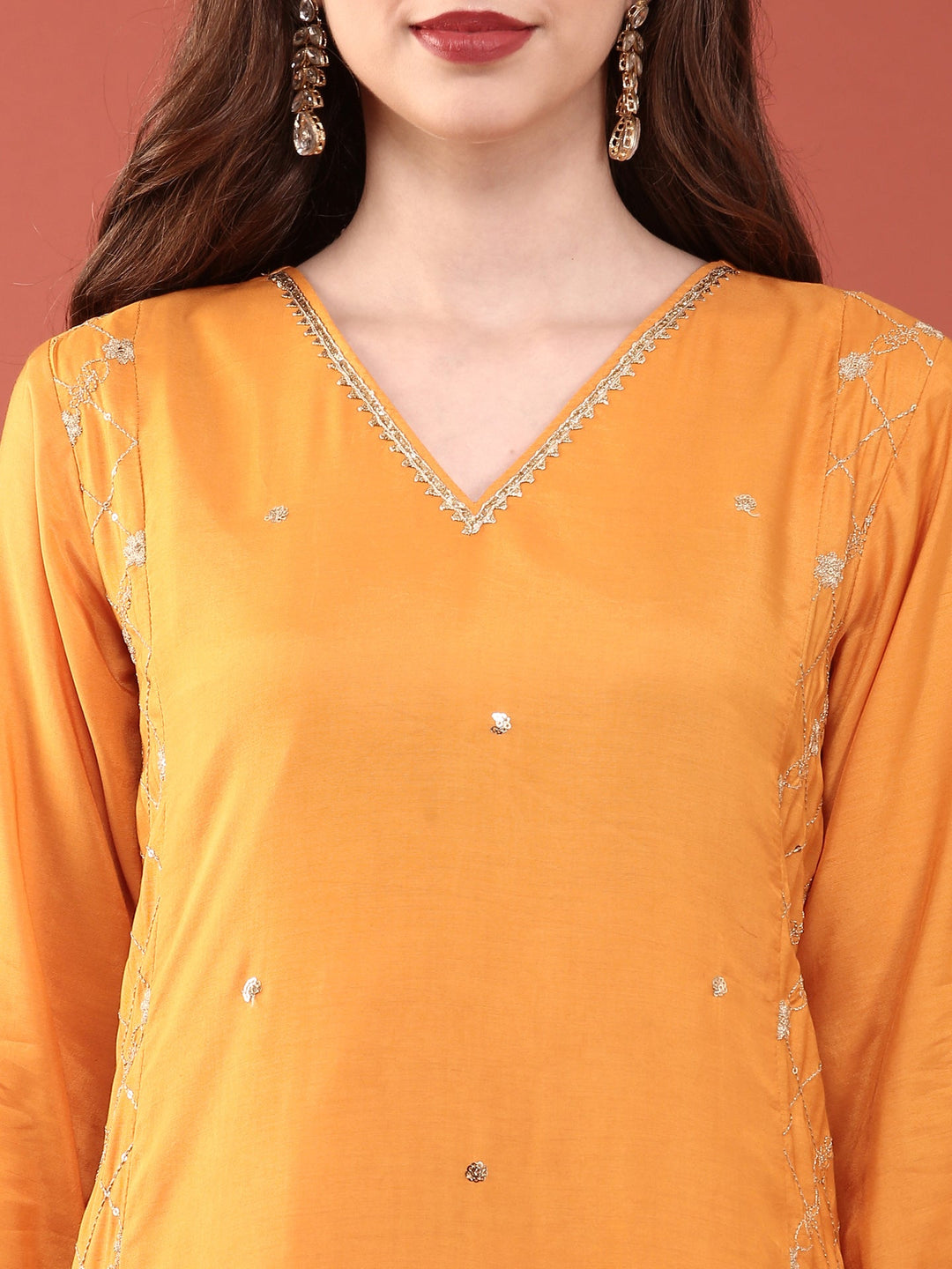 Neerus Orange muslin solid suit set - detail view 1