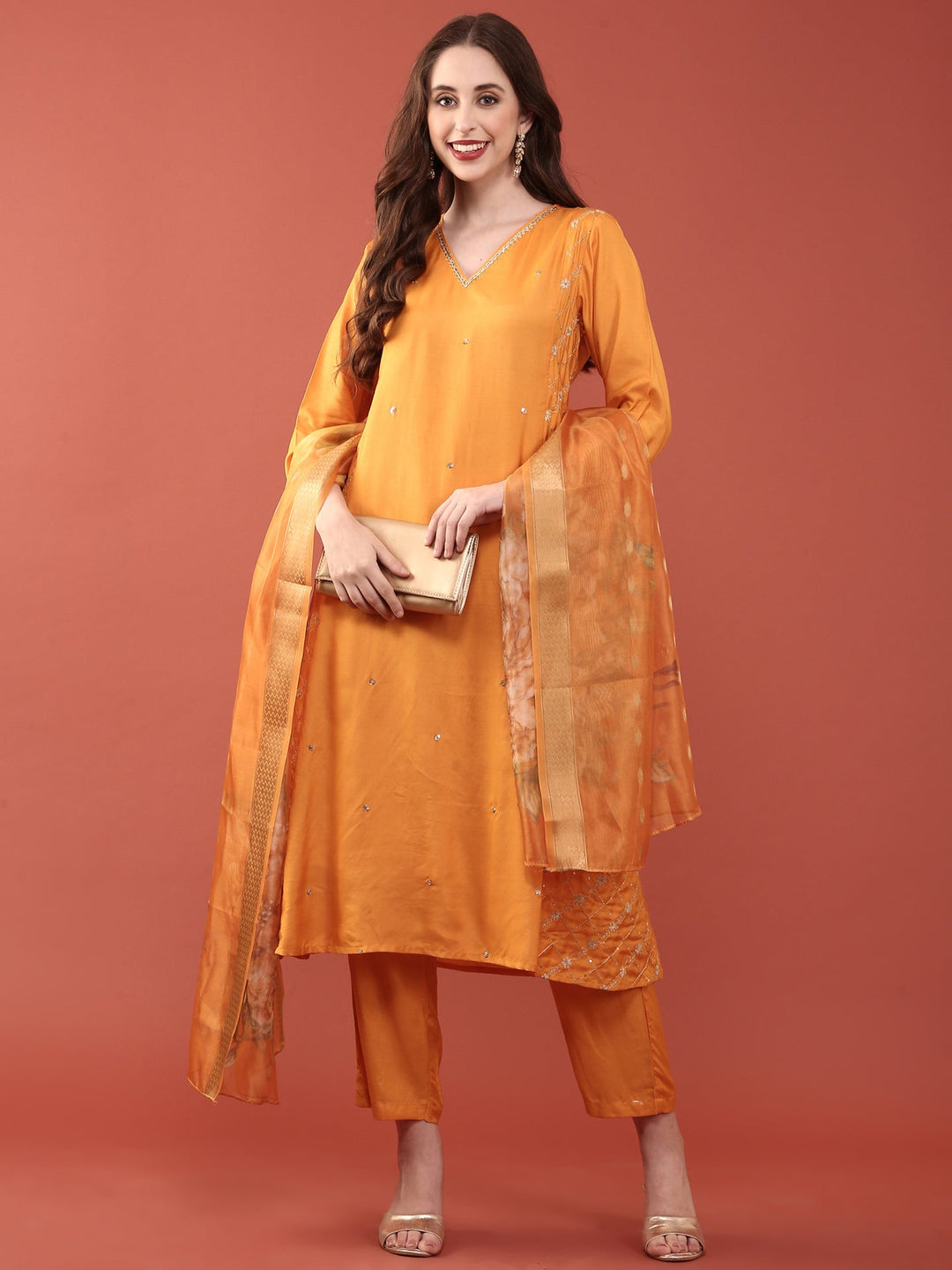 Neerus Orange muslin solid suit set - detail view 2