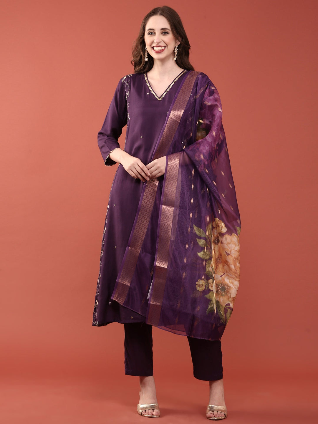 Neerus Purple muslin straight suit set - front view