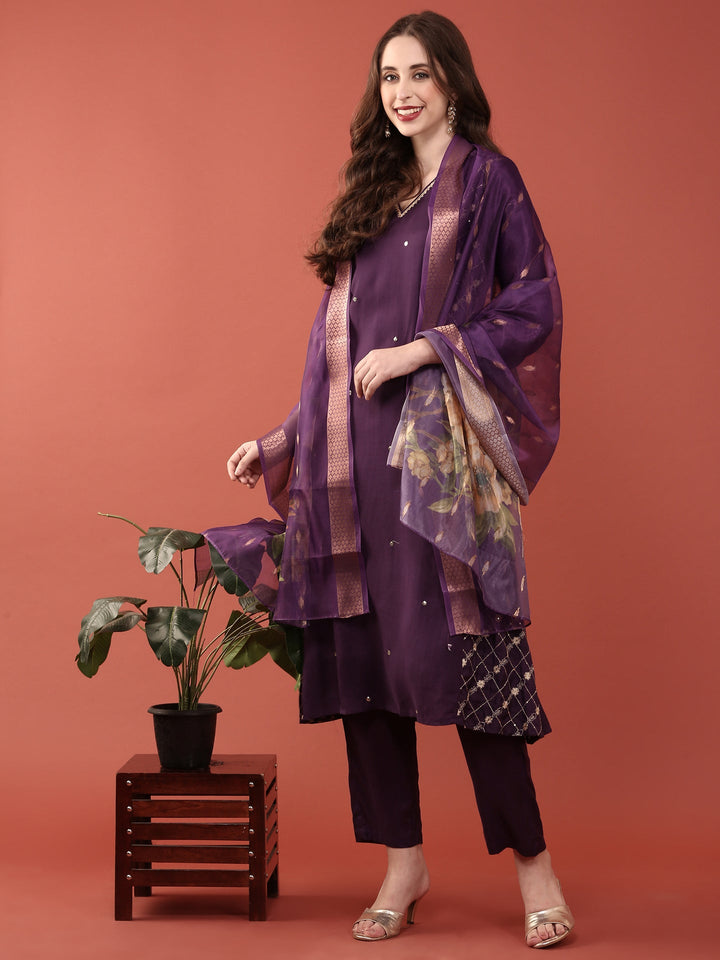 Dark Purple Muslin Three Piece Set