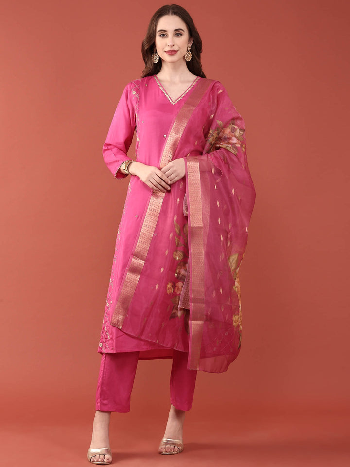 Neerus Pink muslin straight suit set - front view