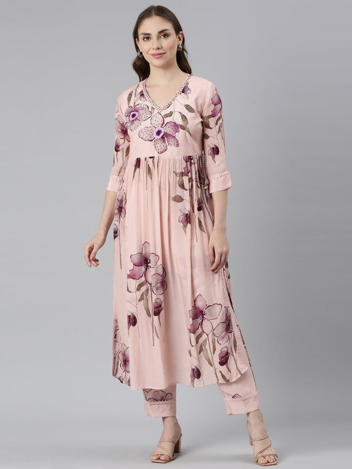 Neerus Pink Regular Stragiht Printed Kurta and Palazzos