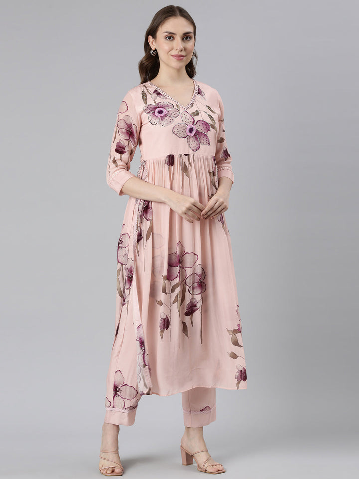 Neerus Pink Regular Stragiht Printed Kurta and Palazzos